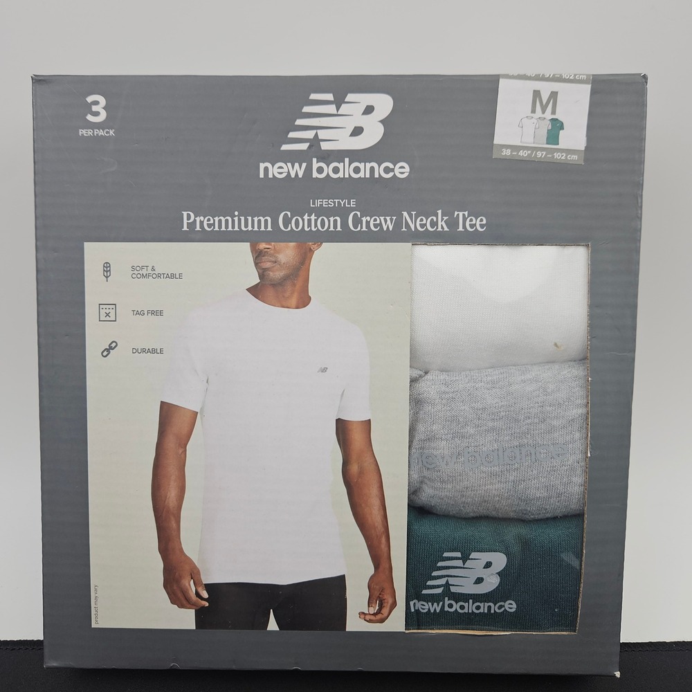 New Balance Mens Size Med Premium Cotton Crew‎ Neck Tee 3 Pack White Grey Green